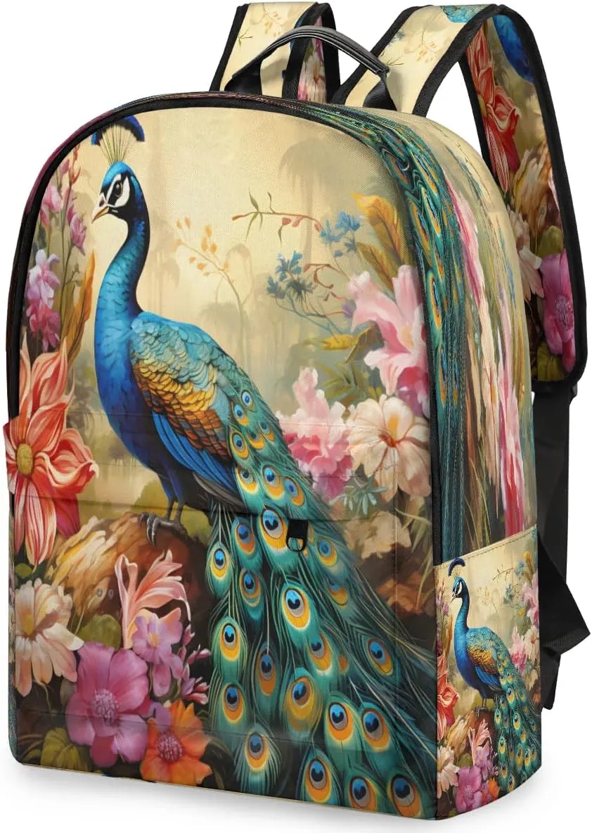 17.5 inch Laptop Backpack Colorful Peacock College Waterproof Travel Bag Flowers Casual Book Bag with Multiple Pockets Laptop Backpacks for Travel Hiking