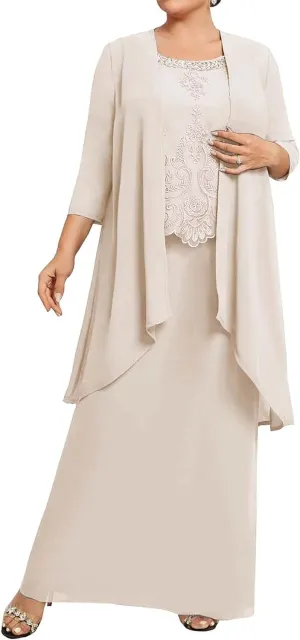 2 Pieces Mother of The Bride Dresses with Jacket 3/4 Sleeve Laces Appliques Mother of The Groom Dresses for Wedding