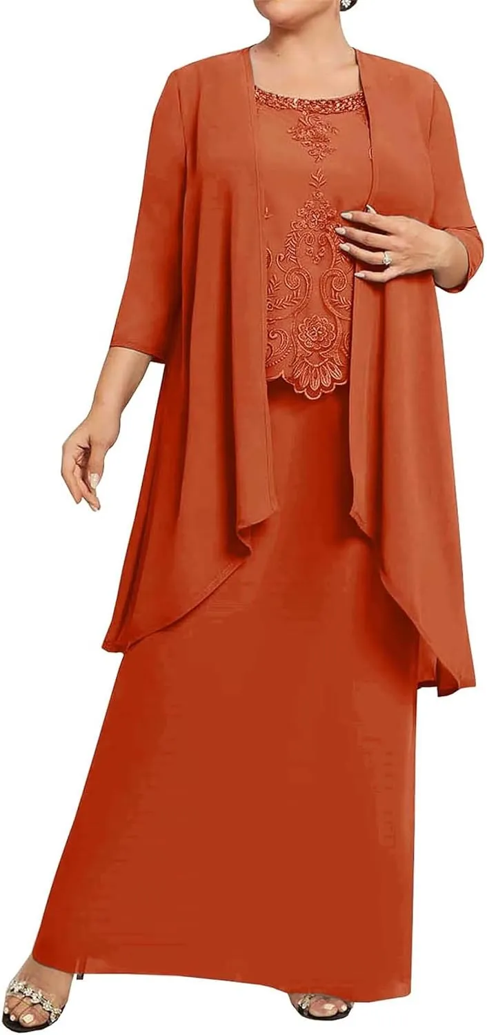 2 Pieces Mother of The Bride Dresses with Jacket 3/4 Sleeve Laces Appliques Mother of The Groom Dresses for Wedding