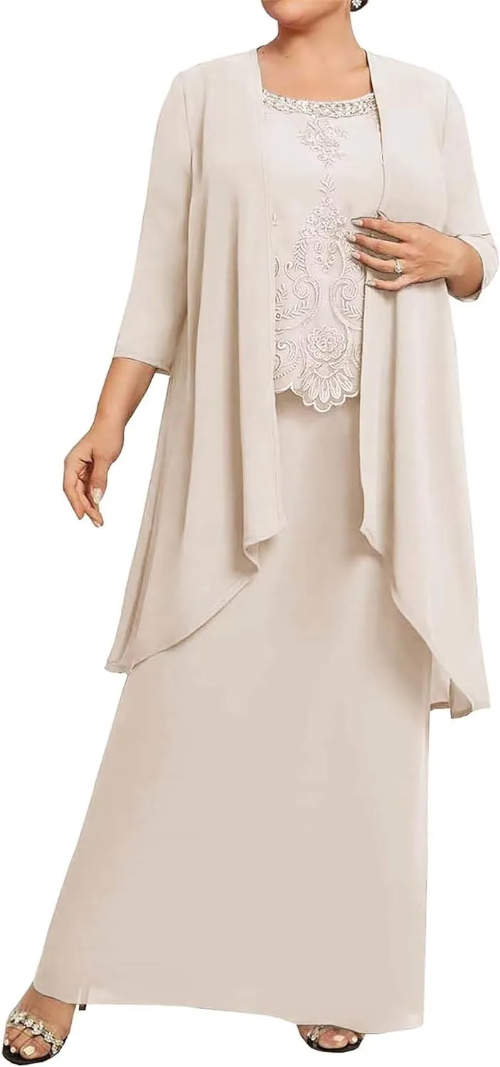 2 Pieces Mother of The Bride Dresses with Jacket 3/4 Sleeve Laces Appliques Mother of The Groom Dresses for Wedding