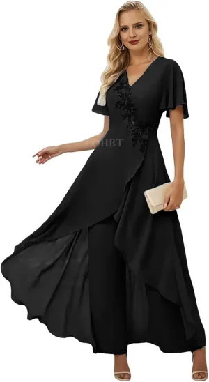 2 Pieces Mother of The Bride Pant Suits for Women Dressy Lace Appliques Chiffon Outfit Formal Jumpsuits Sets