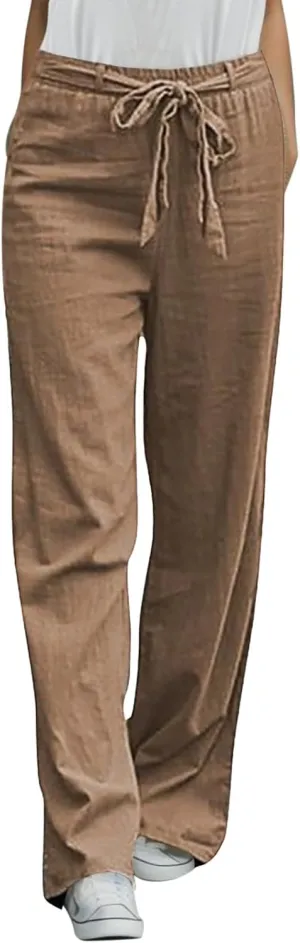 2024 Spring Pants Trendy Women High Waisted Pants Summer Linen Trouser Drawstring Elastic Waist Pull On Sweatpants