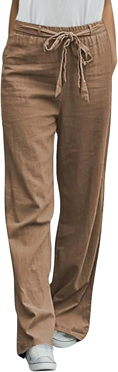 2024 Spring Pants Trendy Women High Waisted Pants Summer Linen Trouser Drawstring Elastic Waist Pull On Sweatpants