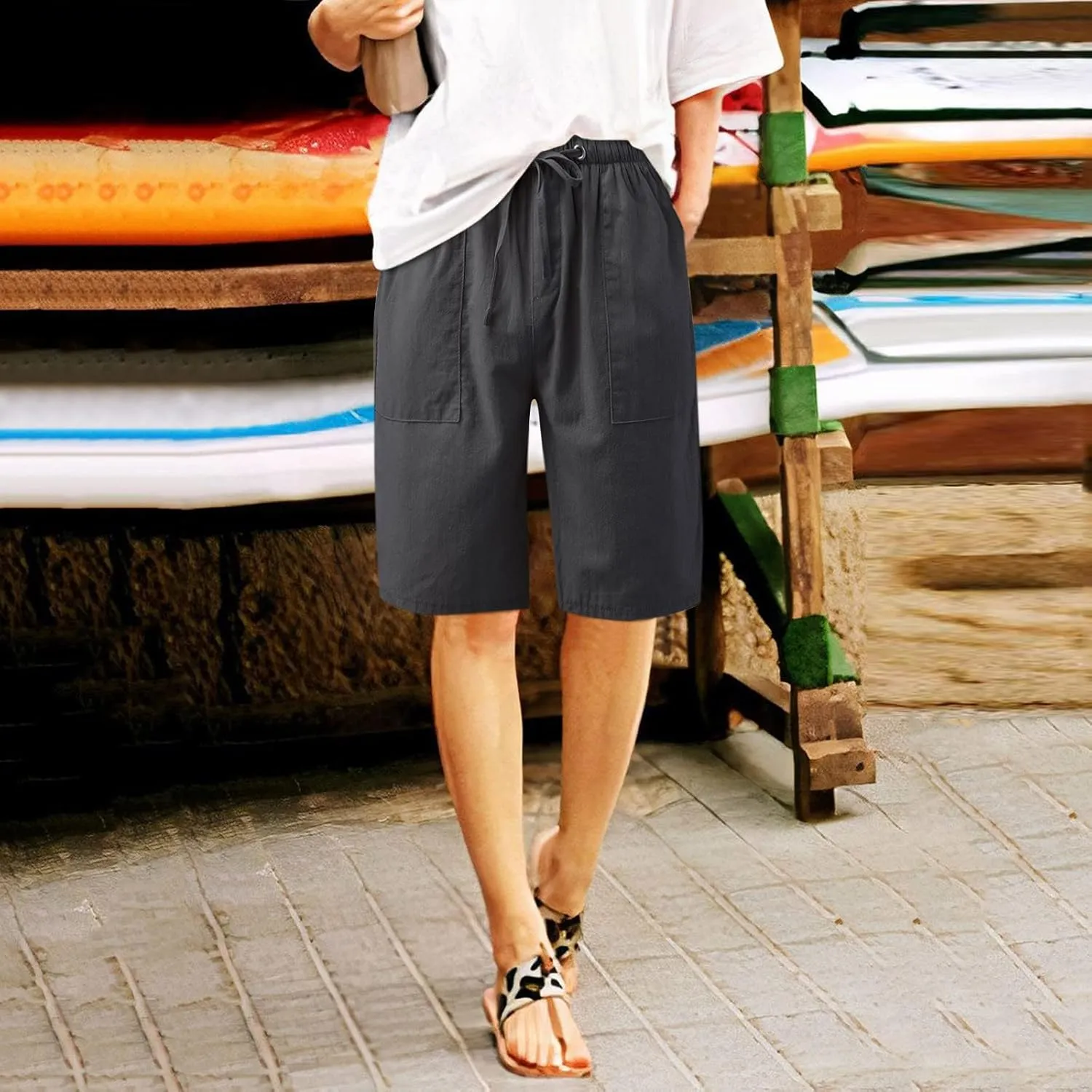 2024 Women's Drawstring Waist Shorts Summer Casual Short Length Pants Solid Straight Legs All-Match Walking Cycling Shorts