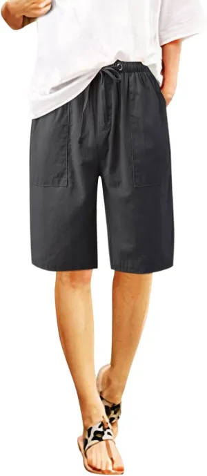2024 Women's Drawstring Waist Shorts Summer Casual Short Length Pants Solid Straight Legs All-Match Walking Cycling Shorts
