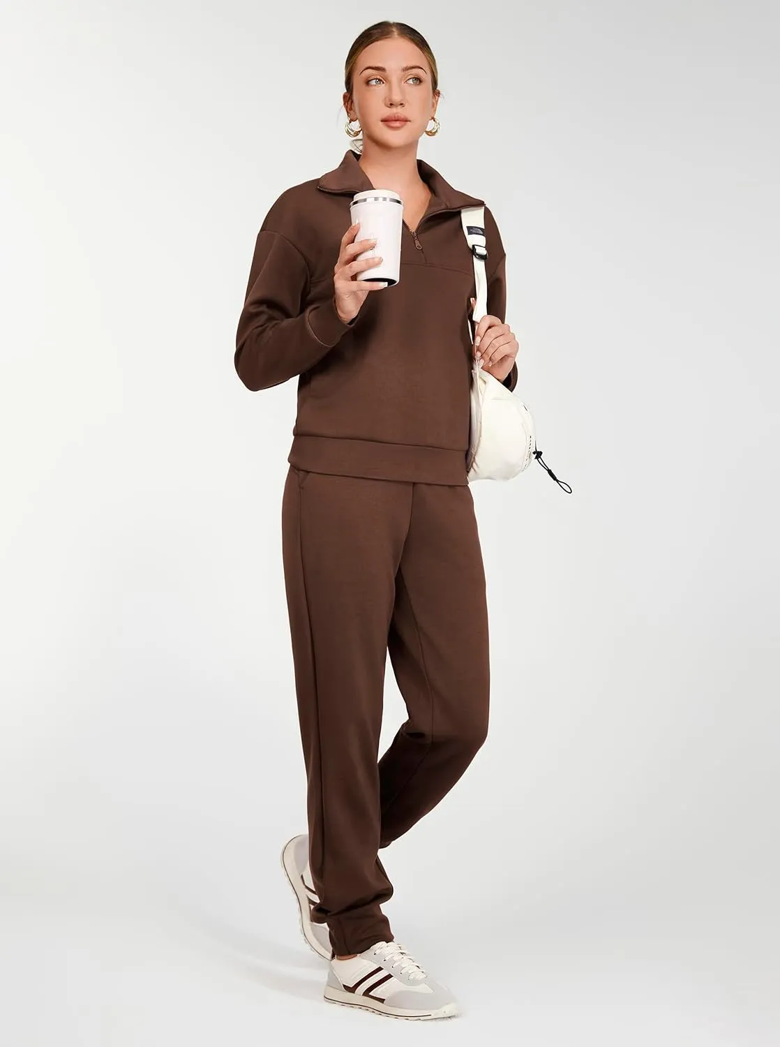 AFITNE Women's 2 Piece Outfits Sweatsuits Long Sleeve Tracksuit Casual Lapel Half Zip Sweatshirt Joggers Sweatpants Set