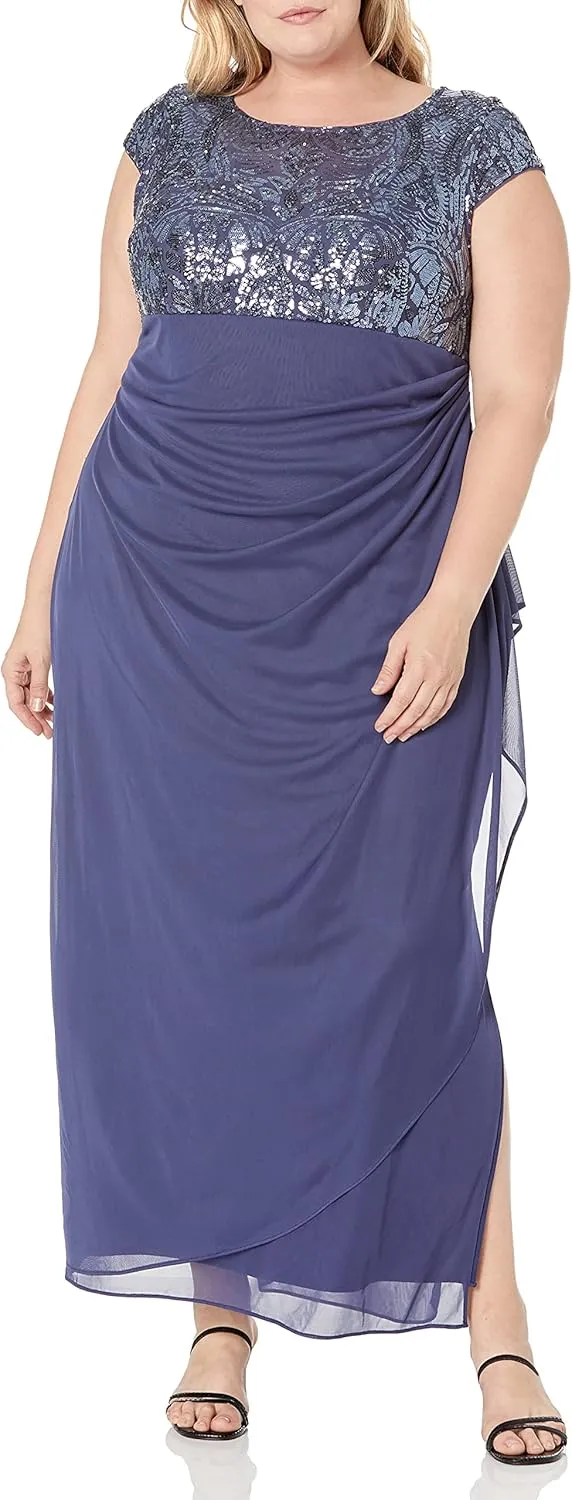 Alex Evenings Women's Long Stretch Sequin Bodice Mother of The Bride Dress with Empire Waist (Plus Size)