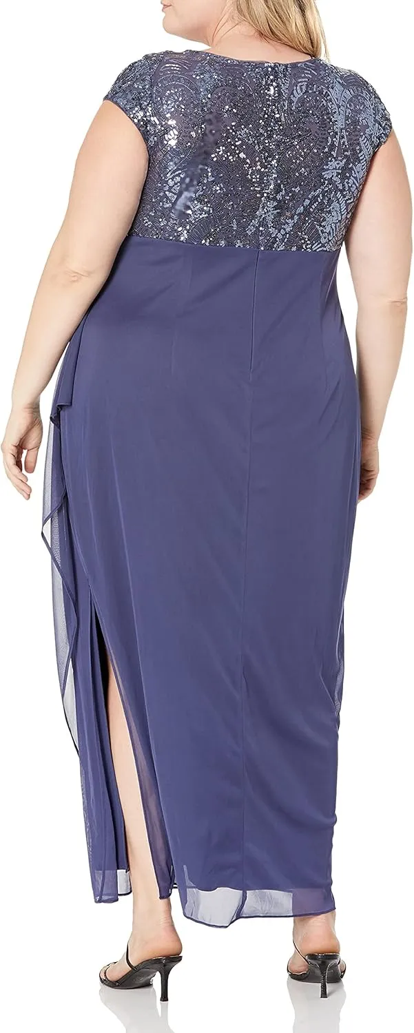 Alex Evenings Women's Long Stretch Sequin Bodice Mother of The Bride Dress with Empire Waist (Plus Size)