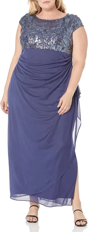 Alex Evenings Women's Long Stretch Sequin Bodice Mother of The Bride Dress with Empire Waist (Plus Size)