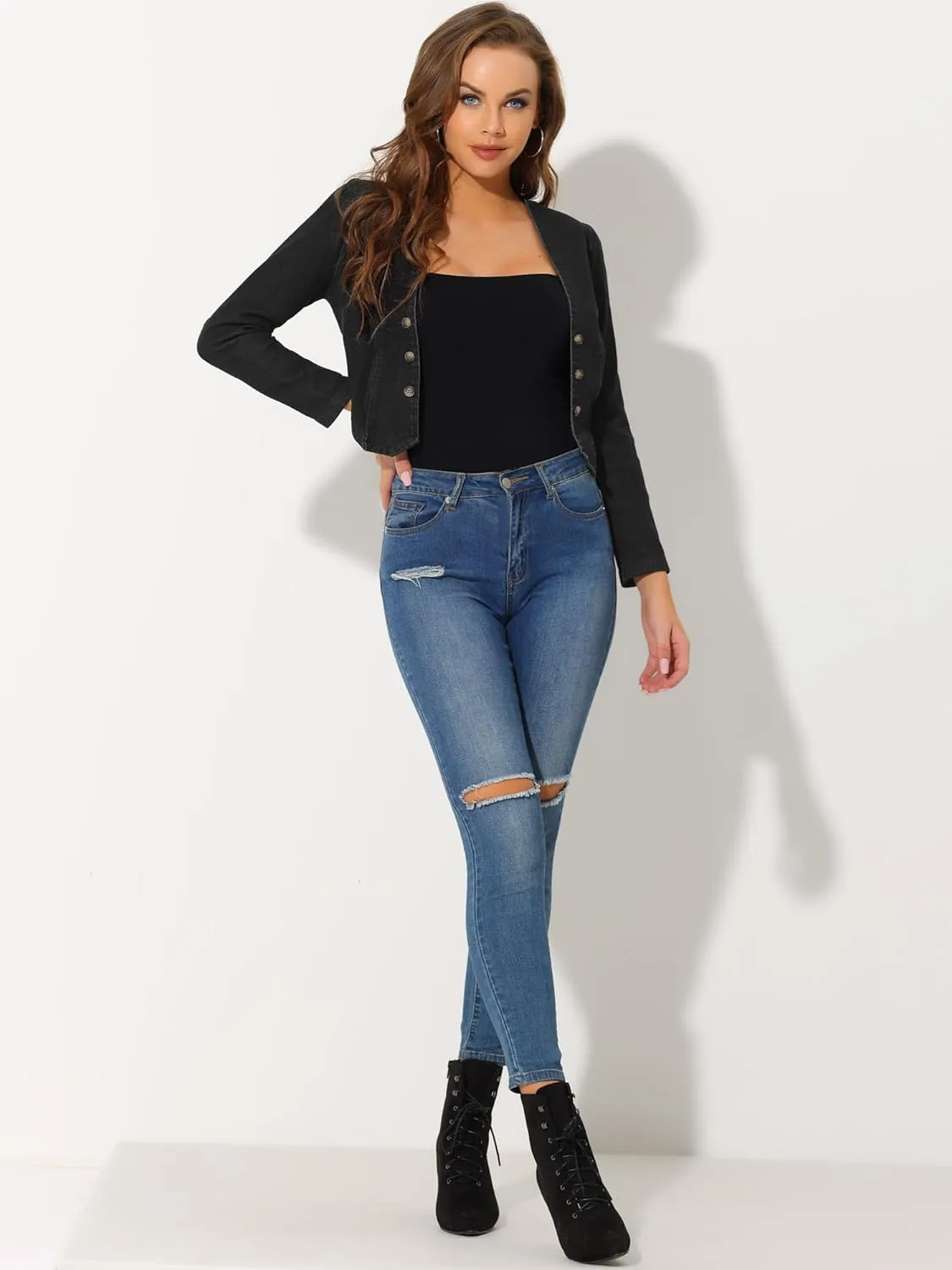 Allegra K Denim Collarless Jackets for Women's Cropped Double Breasted Open Front Jean Cardigan
