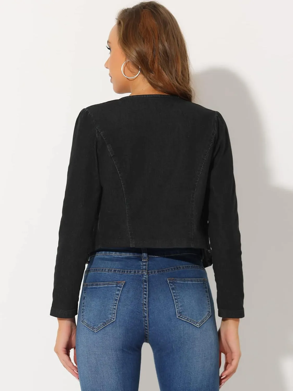 Allegra K Denim Collarless Jackets for Women's Cropped Double Breasted Open Front Jean Cardigan
