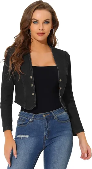 Allegra K Denim Collarless Jackets for Women's Cropped Double Breasted Open Front Jean Cardigan