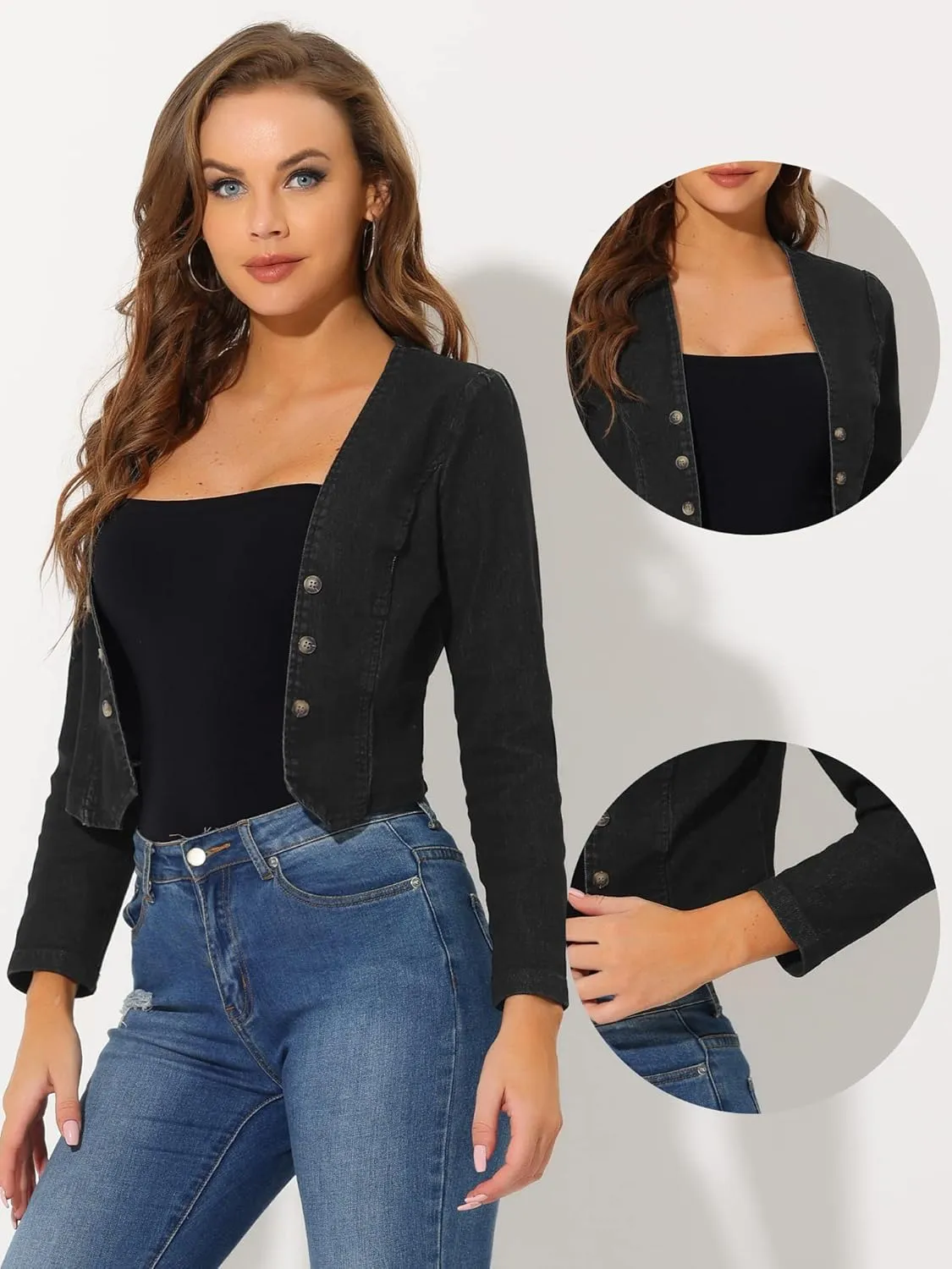 Allegra K Denim Collarless Jackets for Women's Cropped Double Breasted Open Front Jean Cardigan