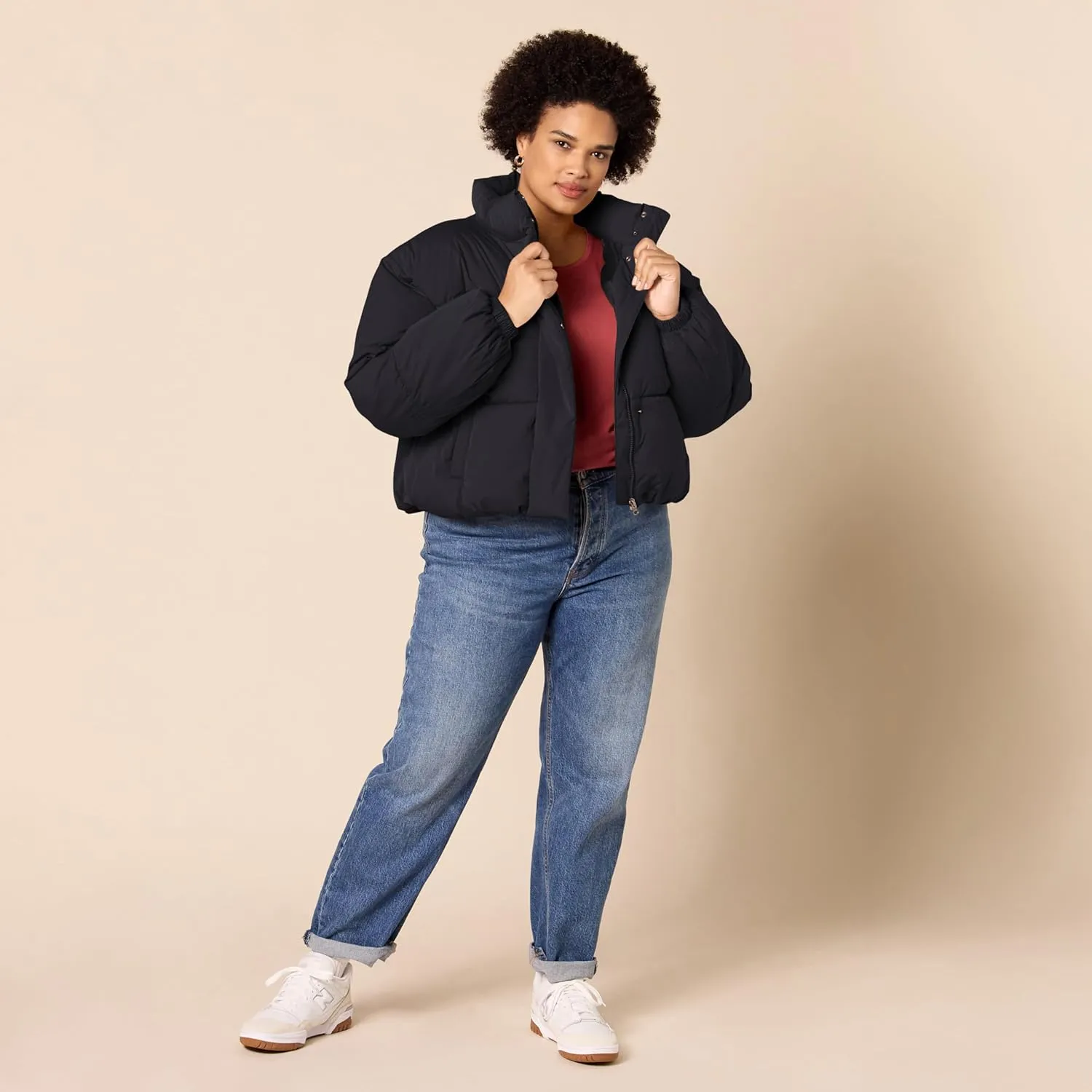 Amazon Essentials Women's Cropped Full-Zip Puffer Jacket (Quilted Matte or Sherpa Fleece)