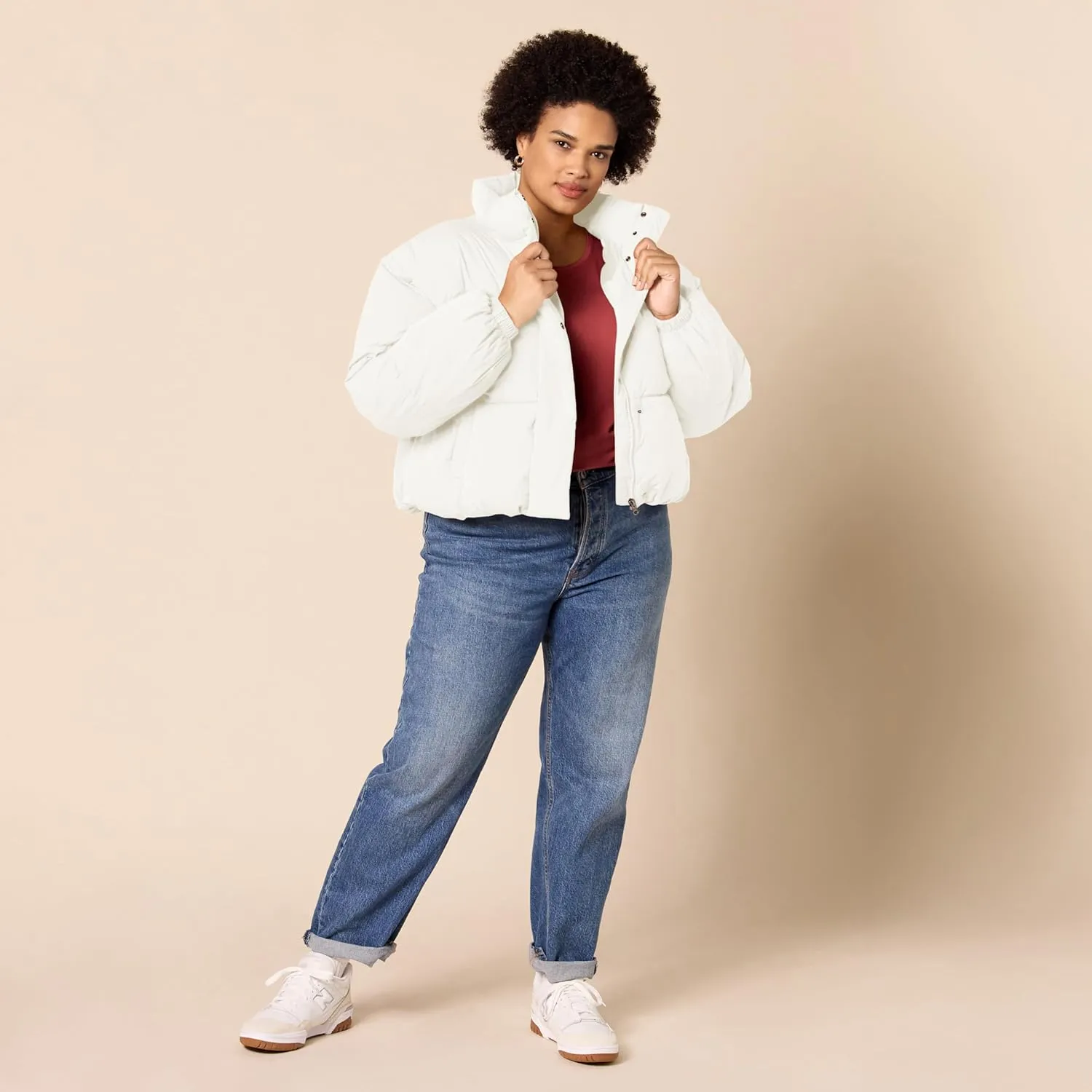 Amazon Essentials Women's Cropped Full-Zip Puffer Jacket (Quilted Matte or Sherpa Fleece)
