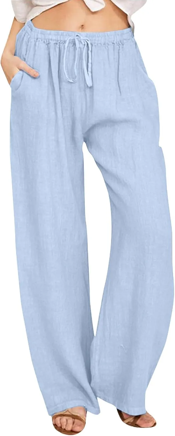AMDBEL Linen Pants Women Summer Casual Pants Straight Leg Drawstring Elastic High Waist Loose Comfy Trousers with Pockets, Linen Pants Women Summer Beach