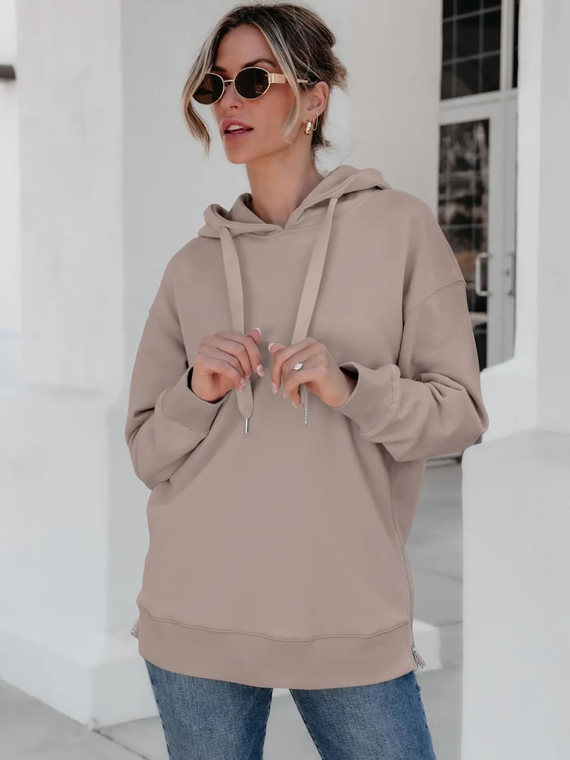 ANRABESS Women Oversized Hoodies Side Zipper Fleece Long Sweatshirts Lightweight Tunic Pullover 2025 Fall Trendy Clothes