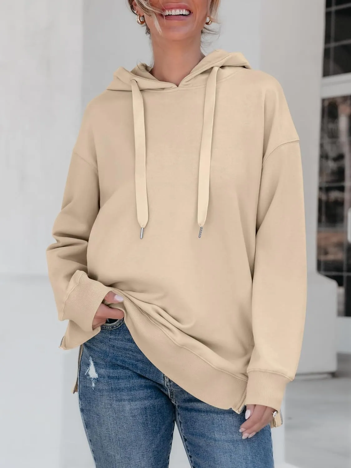 ANRABESS Women Oversized Hoodies Side Zipper Fleece Long Sweatshirts Lightweight Tunic Pullover 2025 Fall Trendy Clothes