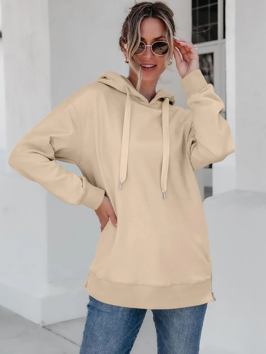 ANRABESS Women Oversized Hoodies Side Zipper Fleece Long Sweatshirts Lightweight Tunic Pullover 2025 Fall Trendy Clothes