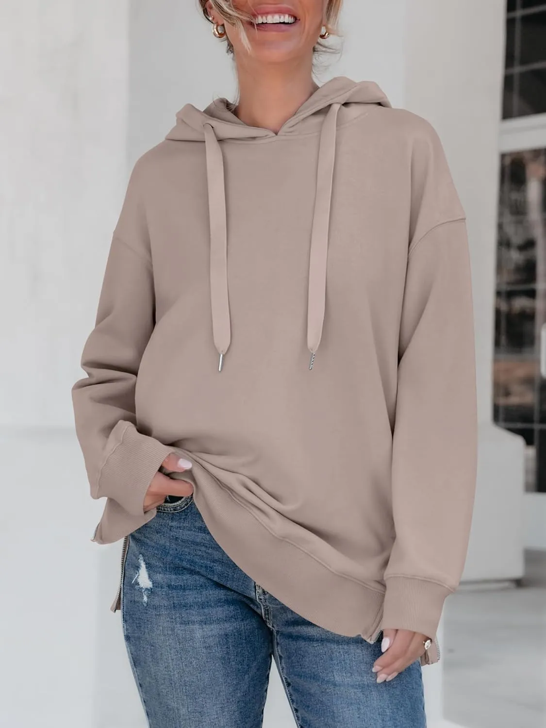ANRABESS Women Oversized Hoodies Side Zipper Fleece Long Sweatshirts Lightweight Tunic Pullover 2025 Fall Trendy Clothes