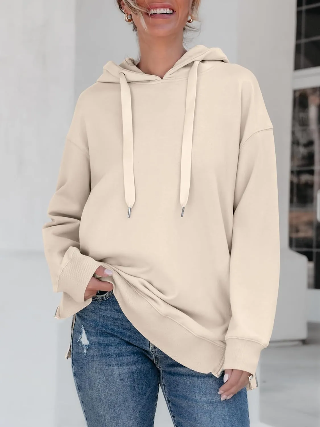 ANRABESS Women Oversized Hoodies Side Zipper Fleece Long Sweatshirts Lightweight Tunic Pullover 2025 Fall Trendy Clothes