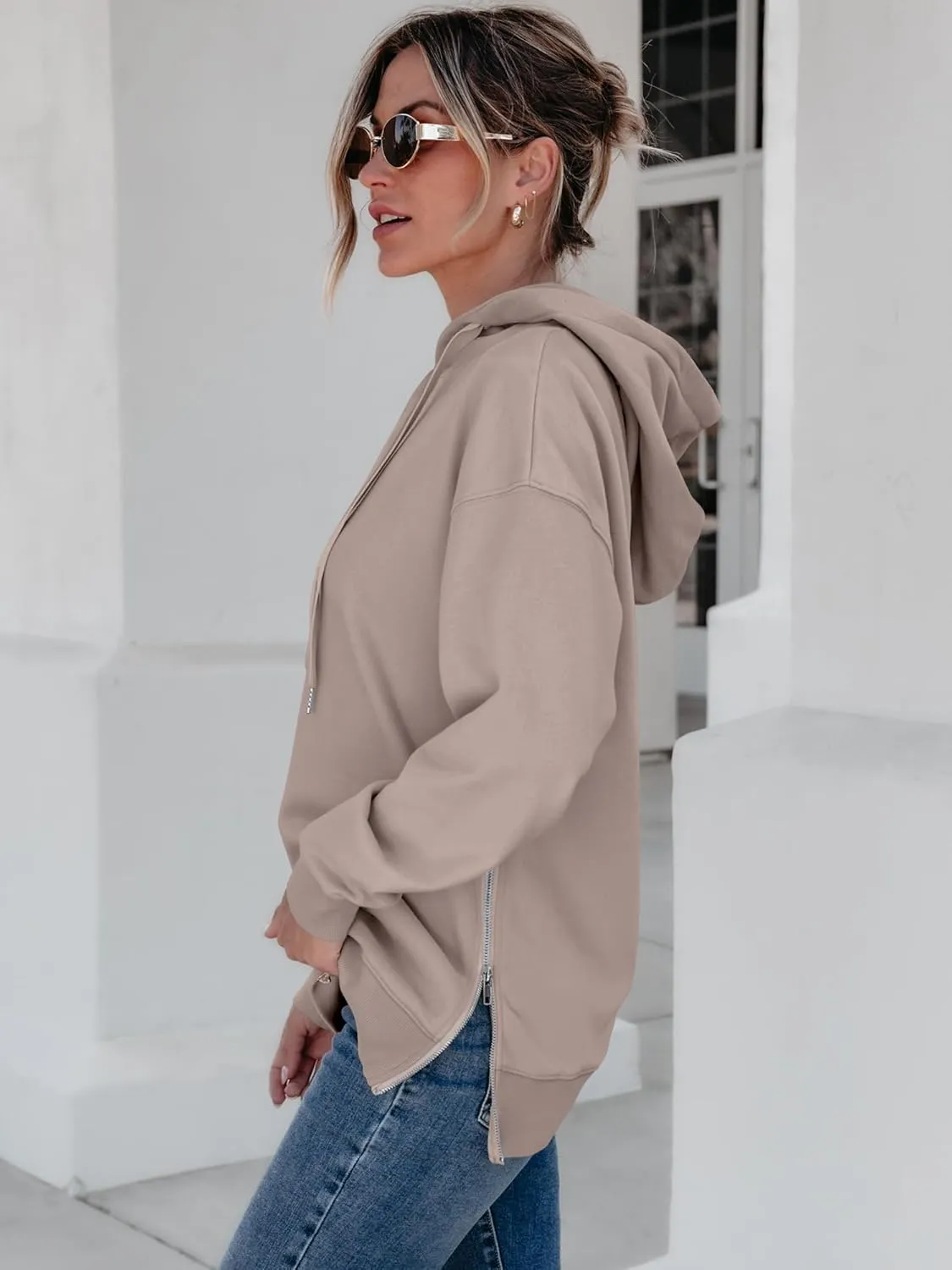 ANRABESS Women Oversized Hoodies Side Zipper Fleece Long Sweatshirts Lightweight Tunic Pullover 2025 Fall Trendy Clothes