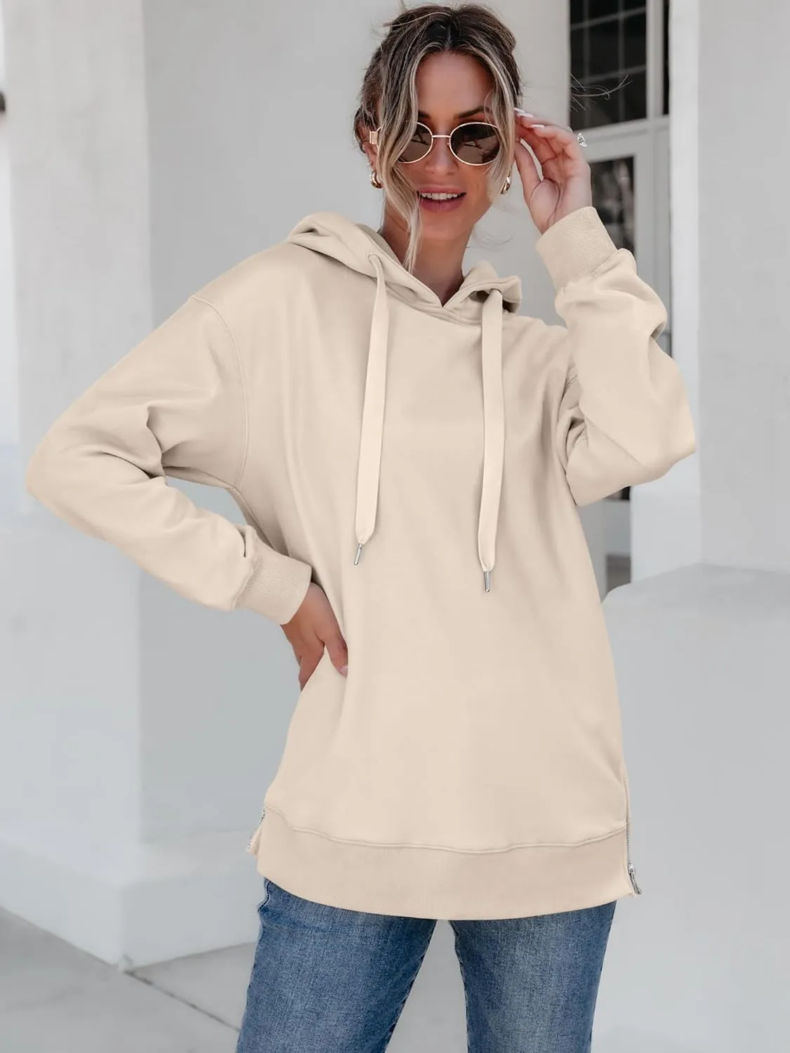 ANRABESS Women Oversized Hoodies Side Zipper Fleece Long Sweatshirts Lightweight Tunic Pullover 2025 Fall Trendy Clothes