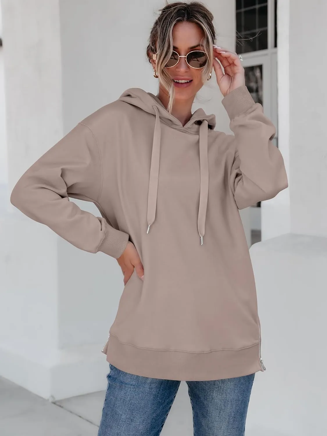 ANRABESS Women Oversized Hoodies Side Zipper Fleece Long Sweatshirts Lightweight Tunic Pullover 2025 Fall Trendy Clothes