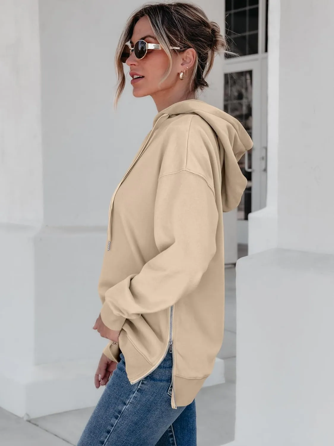 ANRABESS Women Oversized Hoodies Side Zipper Fleece Long Sweatshirts Lightweight Tunic Pullover 2025 Fall Trendy Clothes