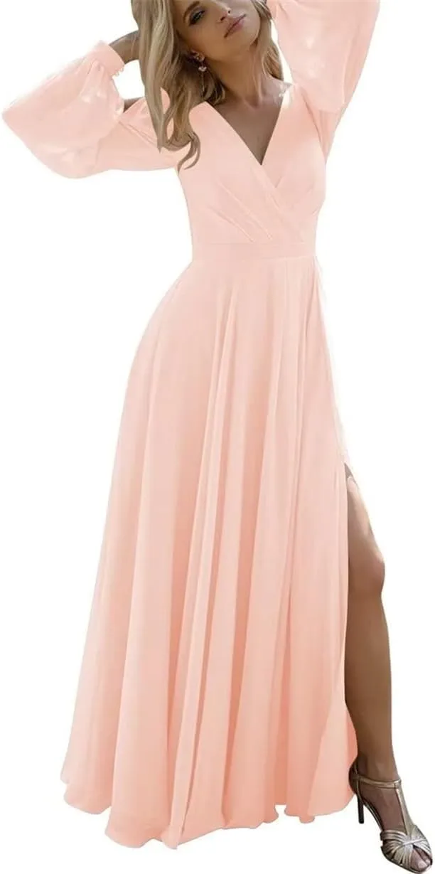 ANYSWBKN Fluffy Long Sleeves Bridesmaid Dresses for Wedding Chiffon V-Neck Evening Party Prom Maxi Gown with Slit