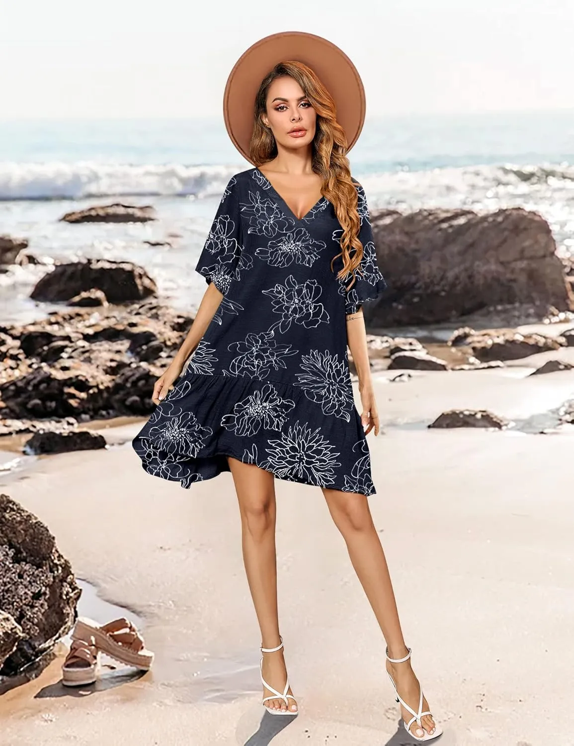 Aoulaydo Womens Swimsuit Coverups Sexy V Neck Bathing Suit Cover Ups Casual Loose Cover Up for Swimwear
