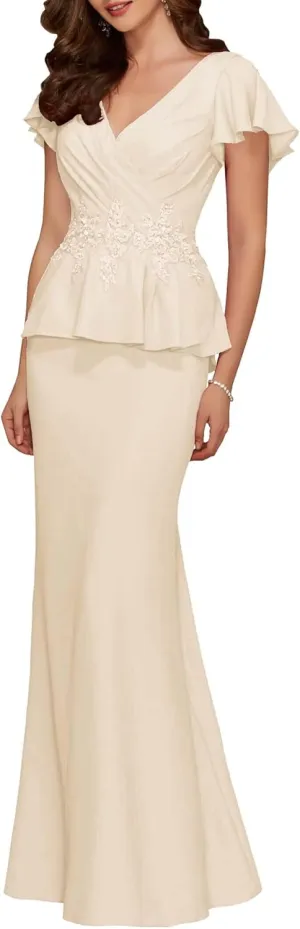 Appliques Mermaid Mother of The Bride Dresses Short Sleeve V Neck Chiffon Mother of The Groom Dresses for Wedding Guest