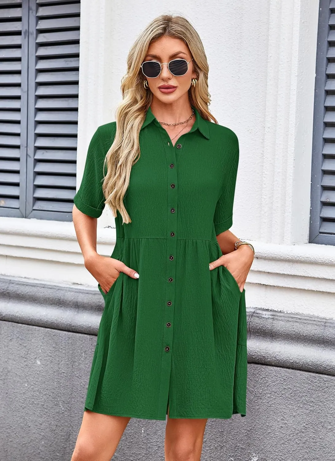 AUSELILY Women's Summer Babydoll Dress Casual Short Sleeve Sundress Button Down Dresses with Pockets 2025 New