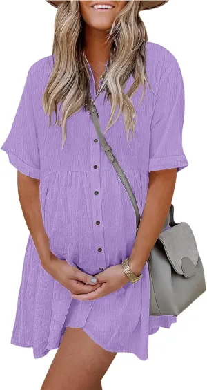 AUSELILY Women's Summer Babydoll Dress Casual Short Sleeve Sundress Button Down Dresses with Pockets 2025 New