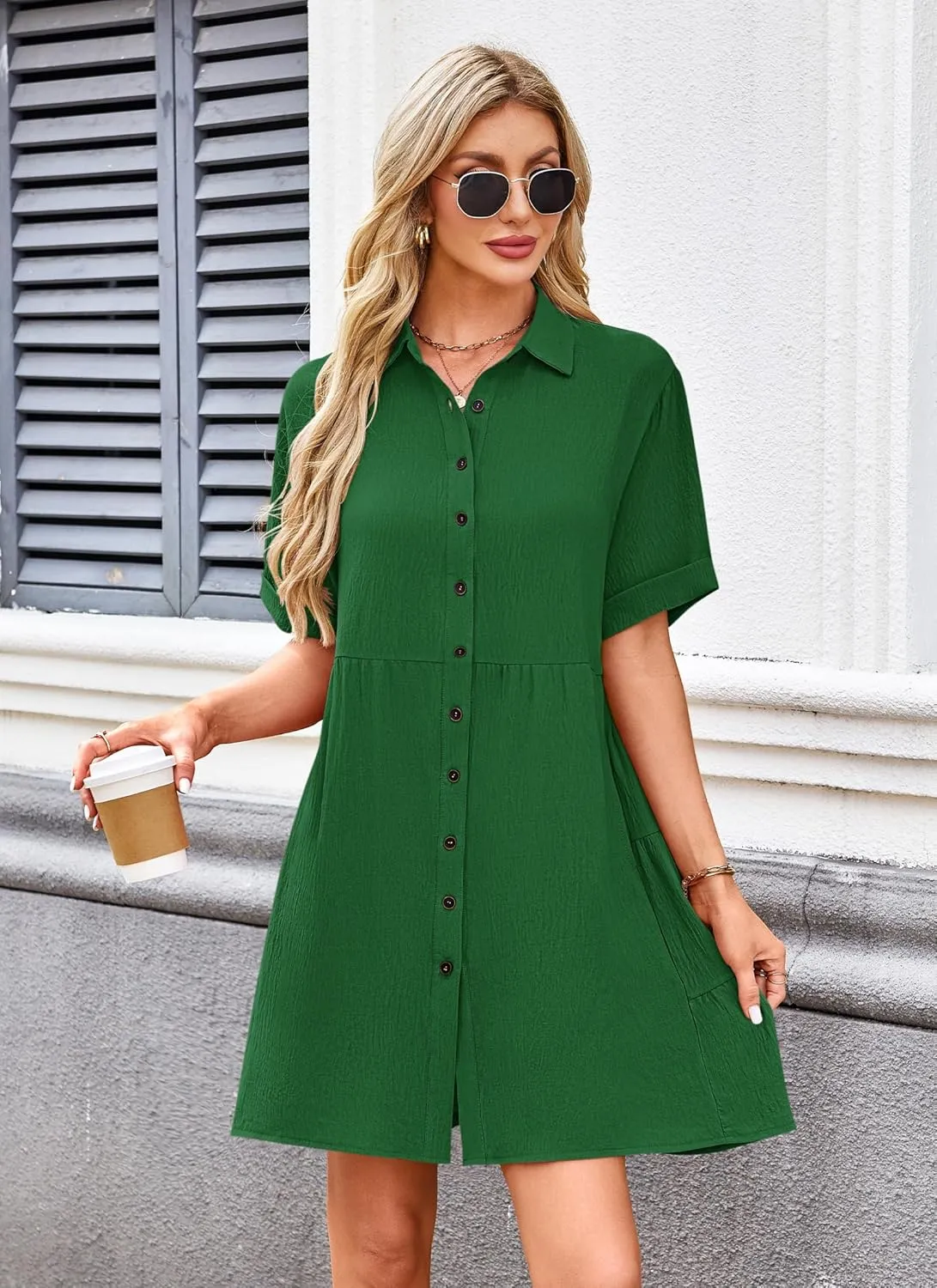 AUSELILY Women's Summer Babydoll Dress Casual Short Sleeve Sundress Button Down Dresses with Pockets 2025 New