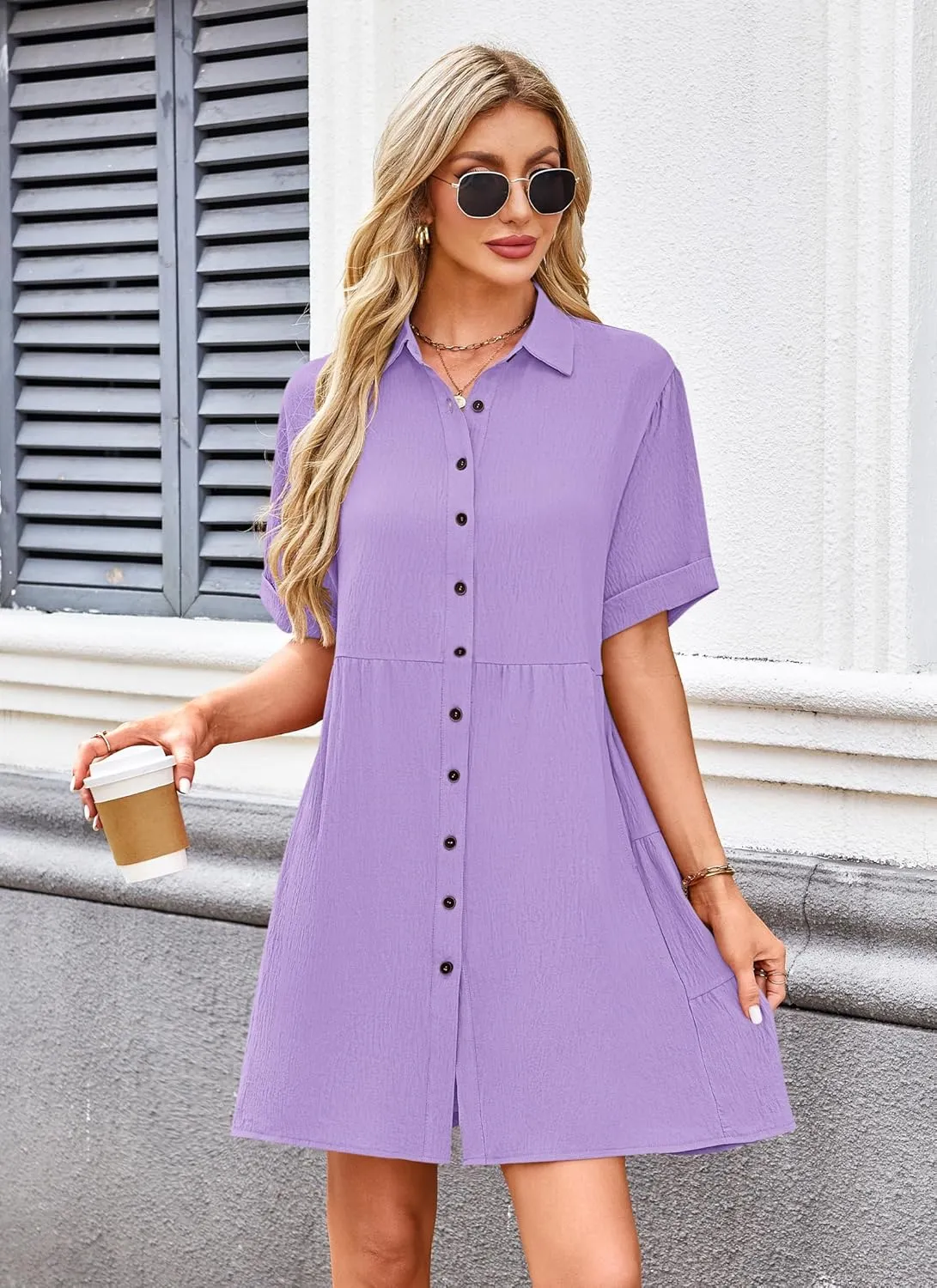 AUSELILY Women's Summer Babydoll Dress Casual Short Sleeve Sundress Button Down Dresses with Pockets 2025 New