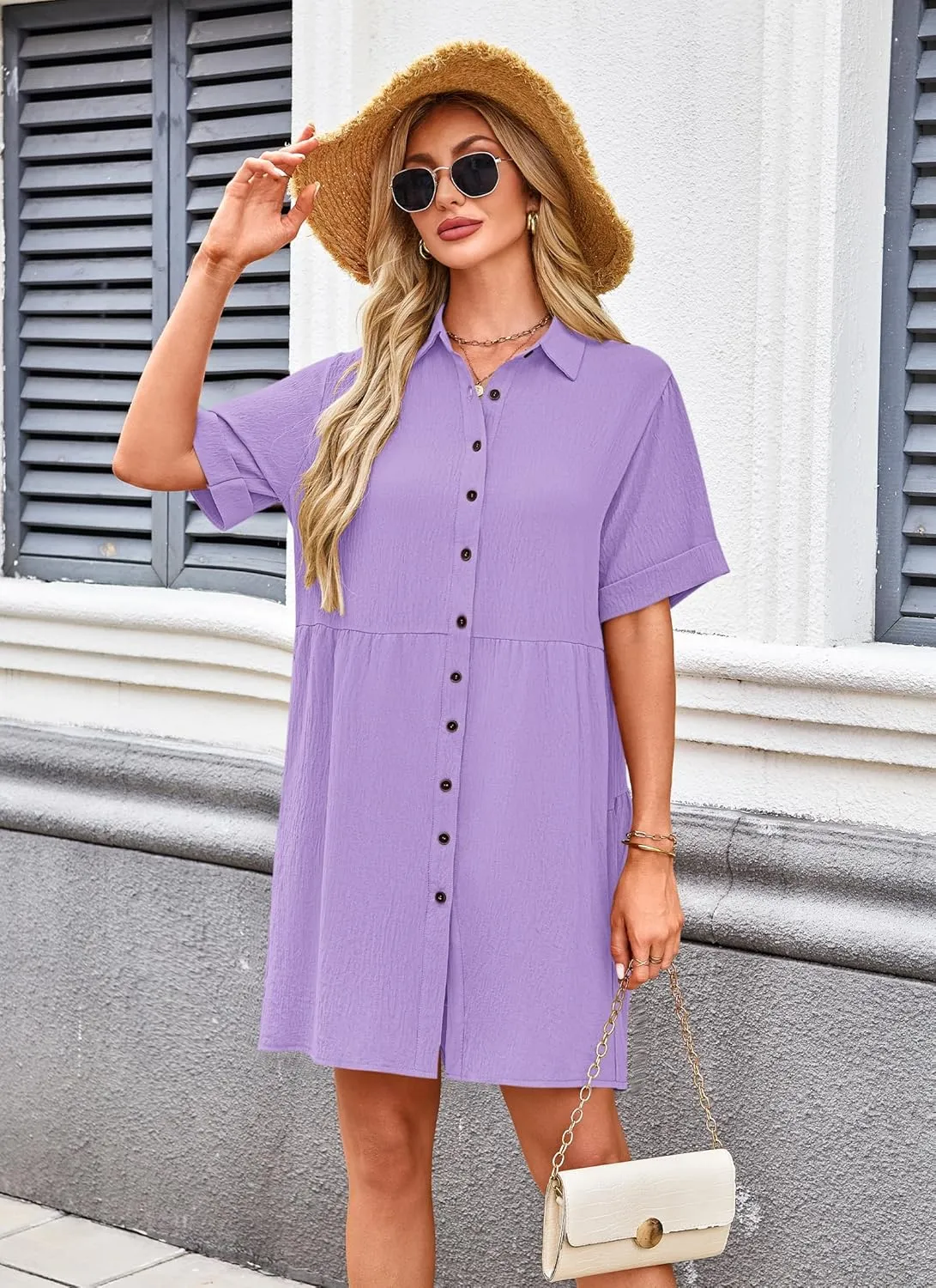 AUSELILY Women's Summer Babydoll Dress Casual Short Sleeve Sundress Button Down Dresses with Pockets 2025 New