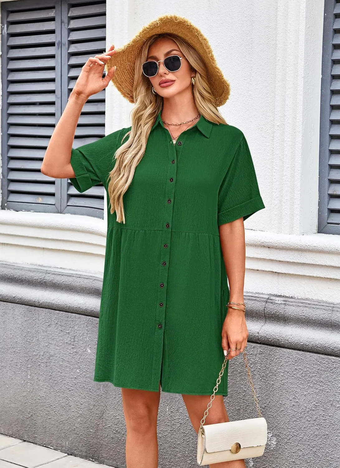 AUSELILY Women's Summer Babydoll Dress Casual Short Sleeve Sundress Button Down Dresses with Pockets 2025 New