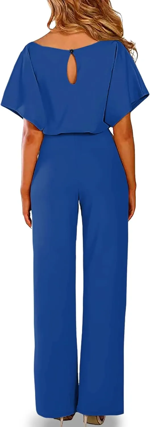 AUXDIO Womens Casual Short Sleeve Loose Crew Neck Belted Wide Leg Romper Jumpsuits