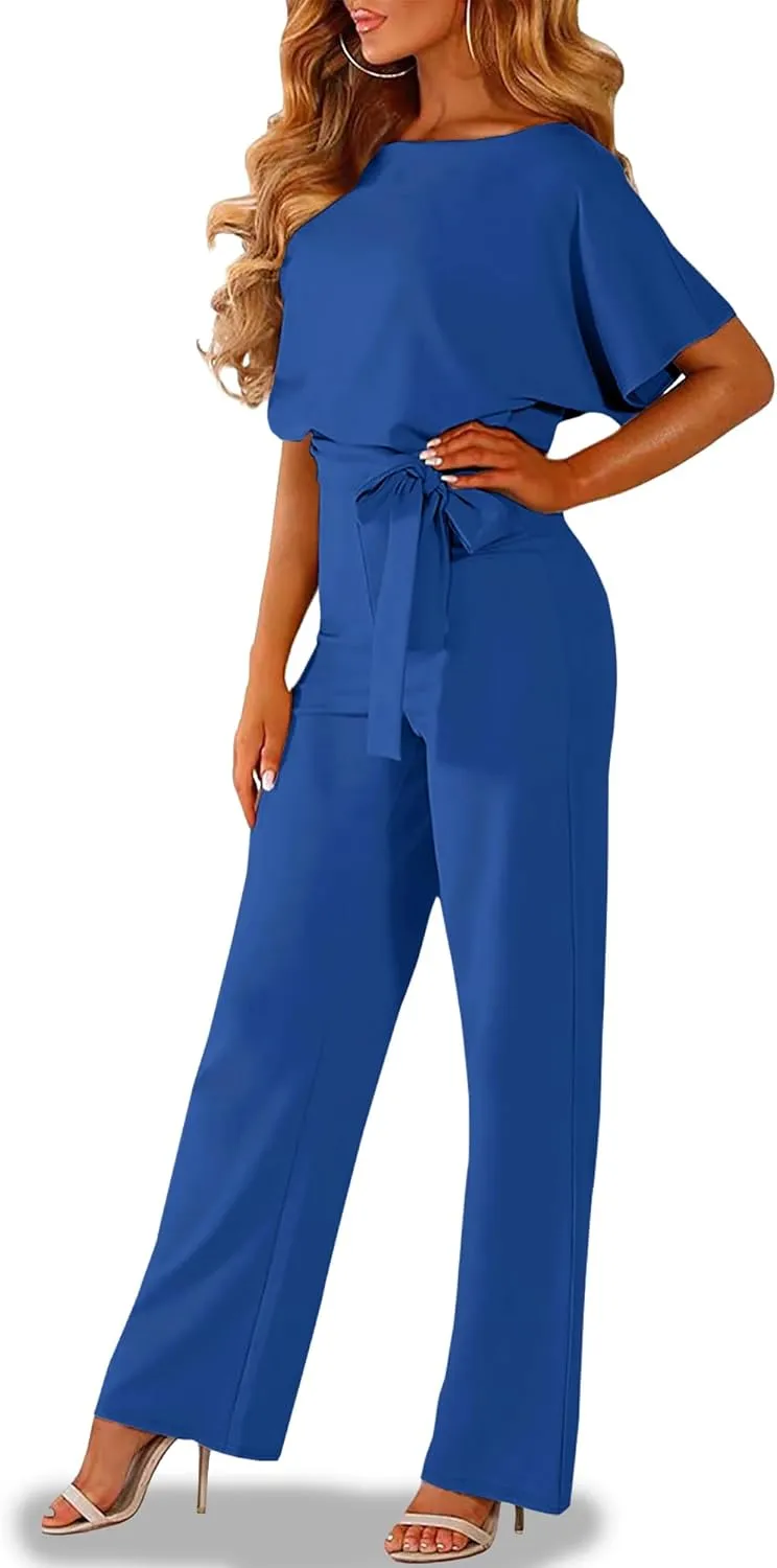 AUXDIO Womens Casual Short Sleeve Loose Crew Neck Belted Wide Leg Romper Jumpsuits
