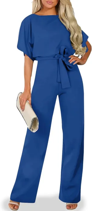 AUXDIO Womens Casual Short Sleeve Loose Crew Neck Belted Wide Leg Romper Jumpsuits