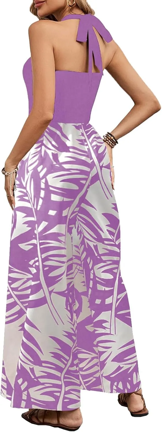 BARASA Women's Summer Leaf Print Hanging Neck Jumpsuit Vacation Beaches Backless Wide Leg Jumpsuit S631