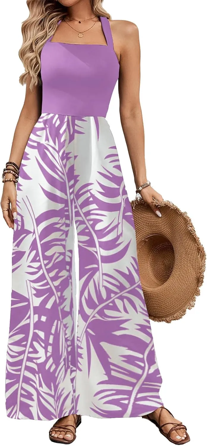 BARASA Women's Summer Leaf Print Hanging Neck Jumpsuit Vacation Beaches Backless Wide Leg Jumpsuit S631