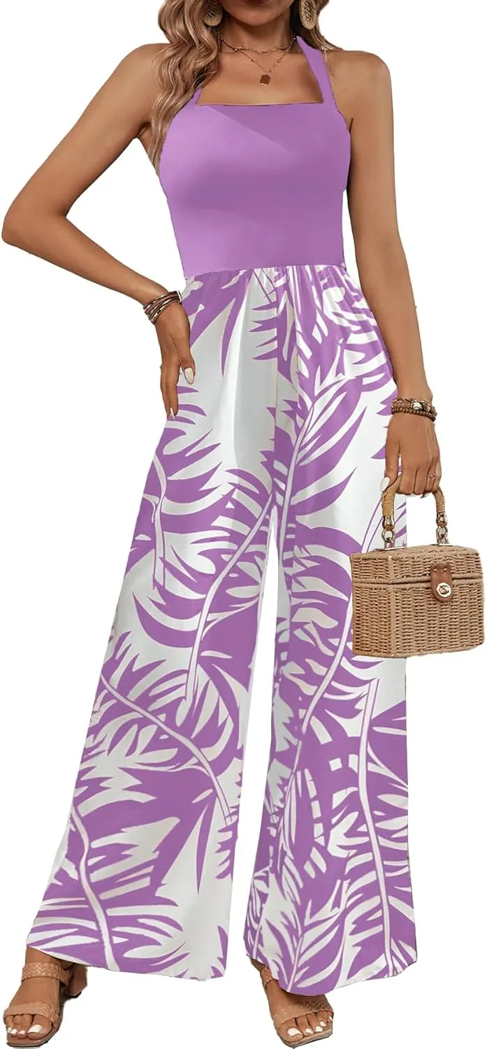 BARASA Women's Summer Leaf Print Hanging Neck Jumpsuit Vacation Beaches Backless Wide Leg Jumpsuit S631