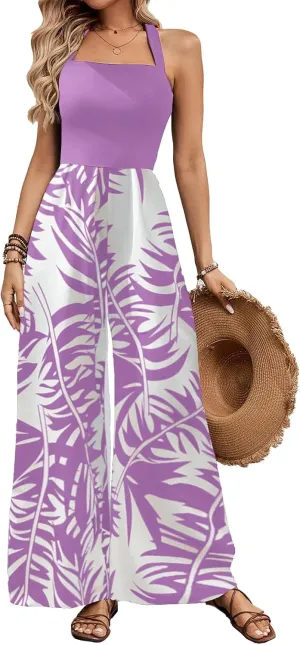 BARASA Women's Summer Leaf Print Hanging Neck Jumpsuit Vacation Beaches Backless Wide Leg Jumpsuit S631