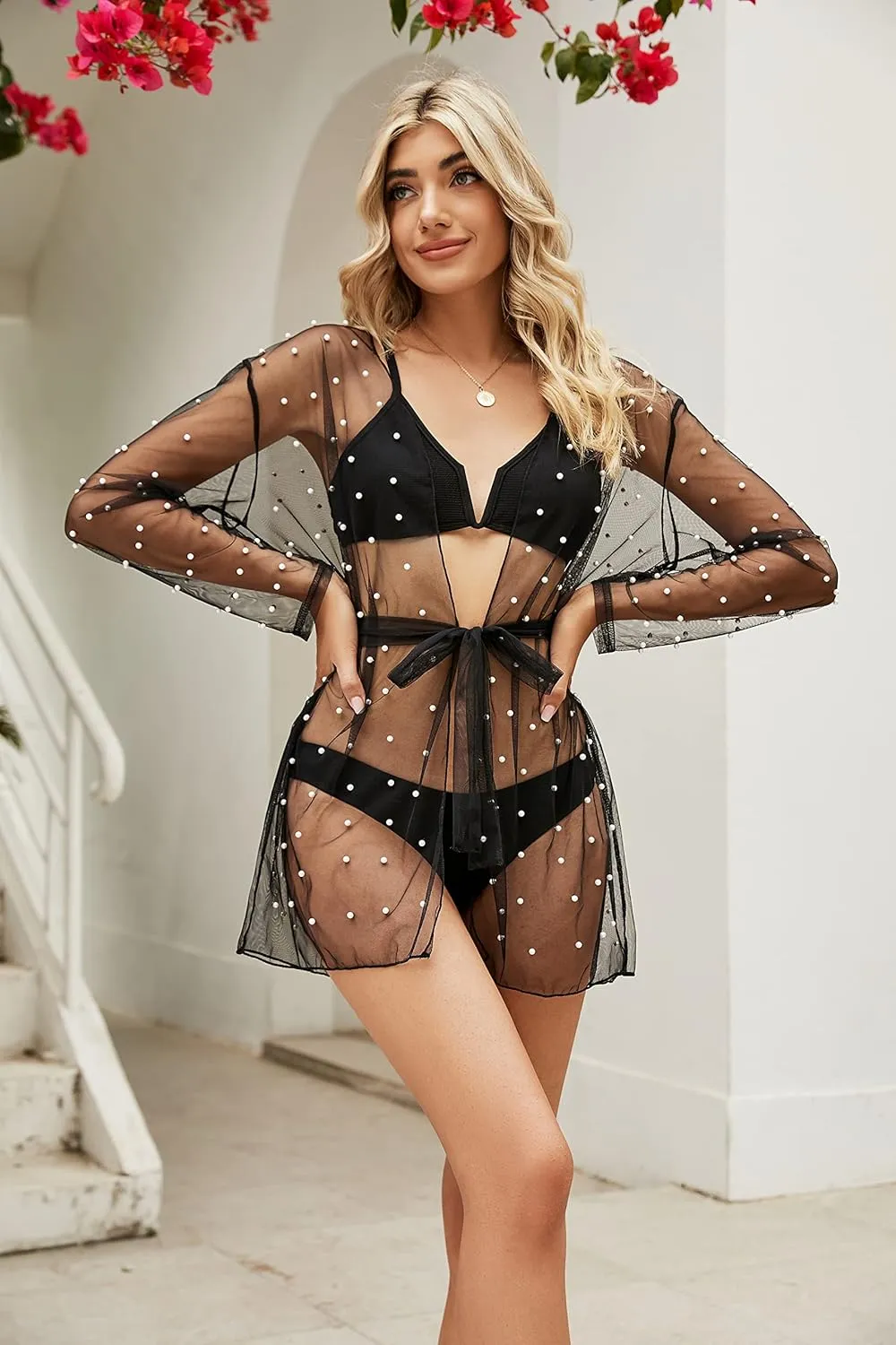 Bathing Suit Cover Ups for Women Long Sleeve Pearls Sheer Mesh Beach Cover Ups Swimwear Swimsuit Coverup for Women