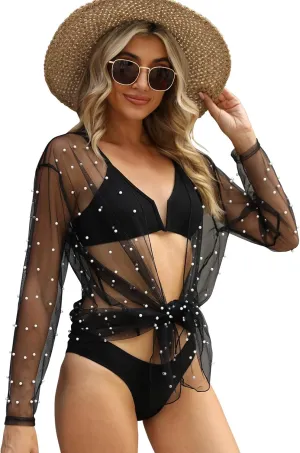 Bathing Suit Cover Ups for Women Long Sleeve Pearls Sheer Mesh Beach Cover Ups Swimwear Swimsuit Coverup for Women