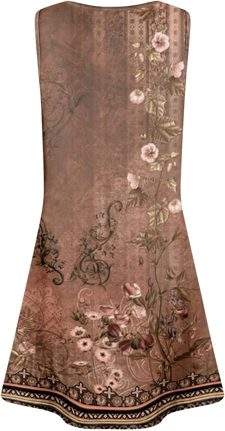 BAXLIMEK Sundresses for Women,2025 Spring Summer Trendy Floral Print Beach Dress Casual Loose Tank Mini Dress with Pockets
