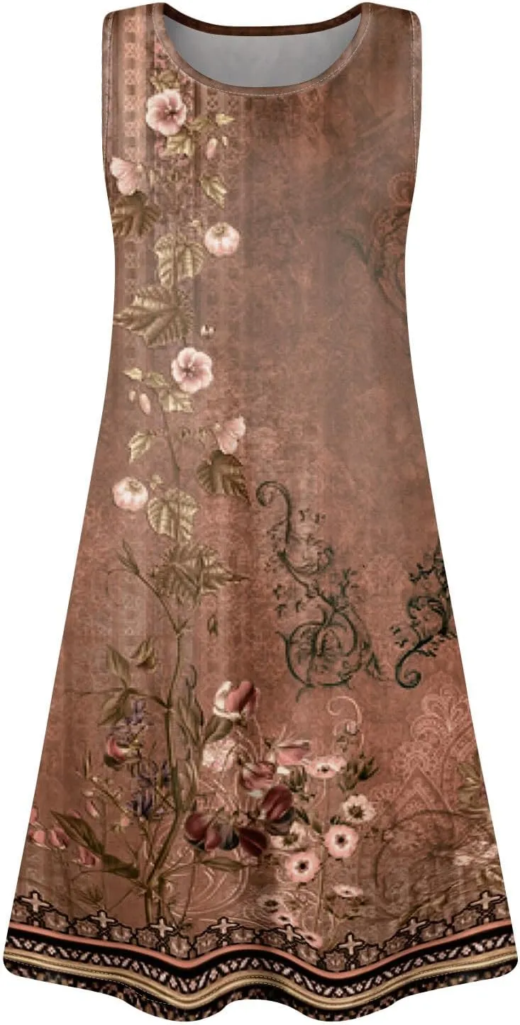 BAXLIMEK Sundresses for Women,2025 Spring Summer Trendy Floral Print Beach Dress Casual Loose Tank Mini Dress with Pockets