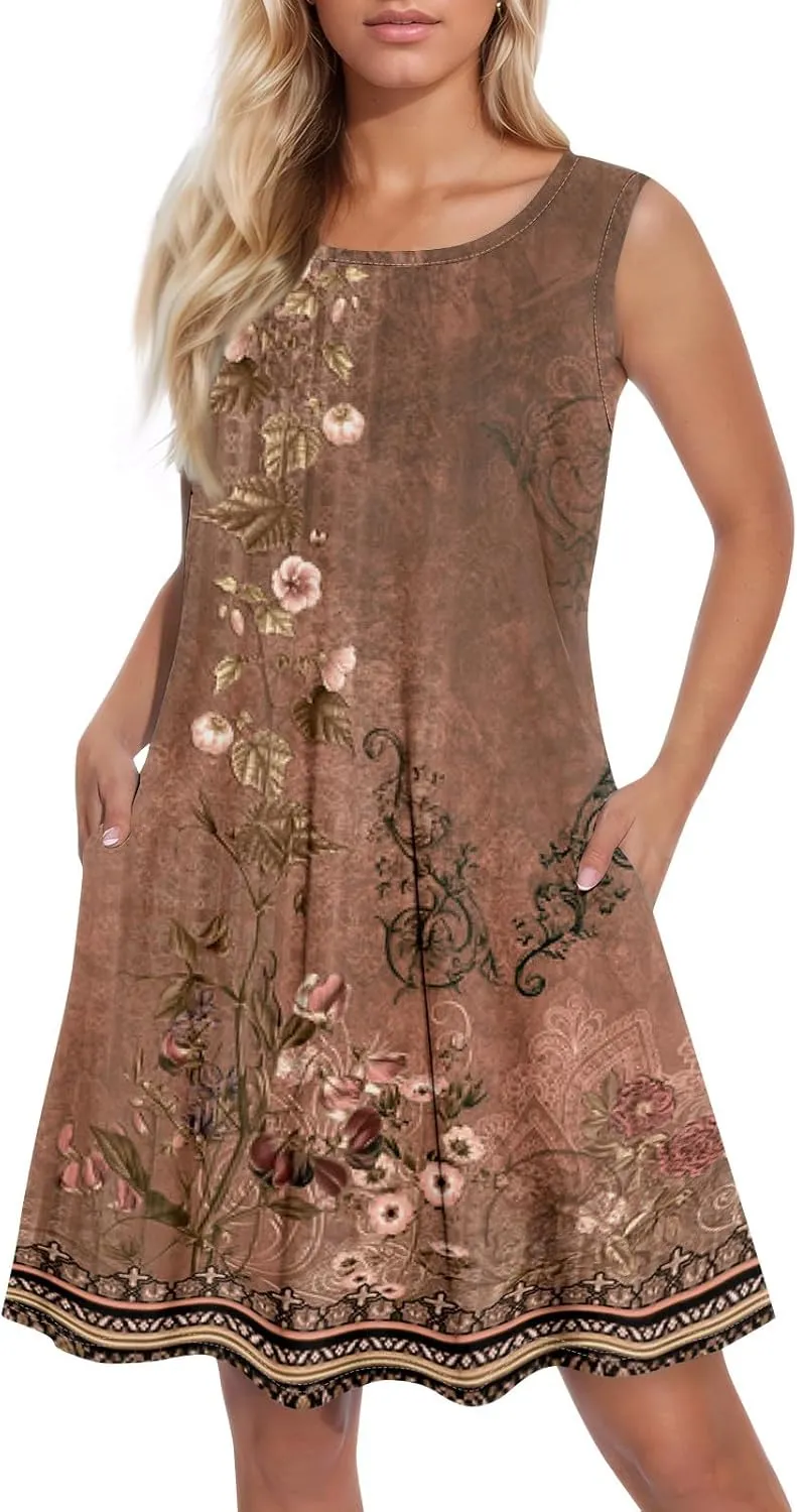 BAXLIMEK Sundresses for Women,2025 Spring Summer Trendy Floral Print Beach Dress Casual Loose Tank Mini Dress with Pockets